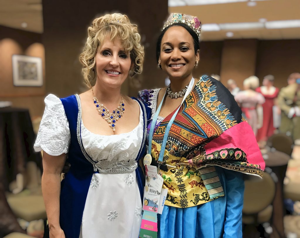 Vanessa Riley and Collette Cameron decked in Georgian/ Regency gowns at an RWA Conference in NY.